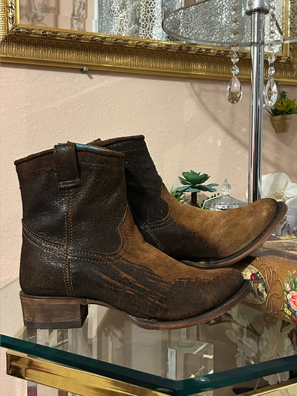 Corral Brown Two-Tone Suede Leather Western Ankle Boots Size 7.5